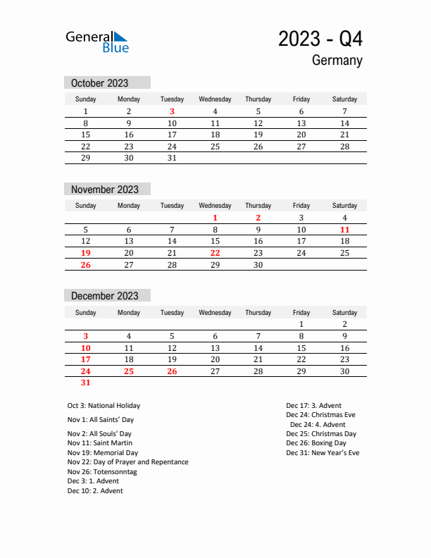 Germany Quarter 4 2023 Calendar with Holidays