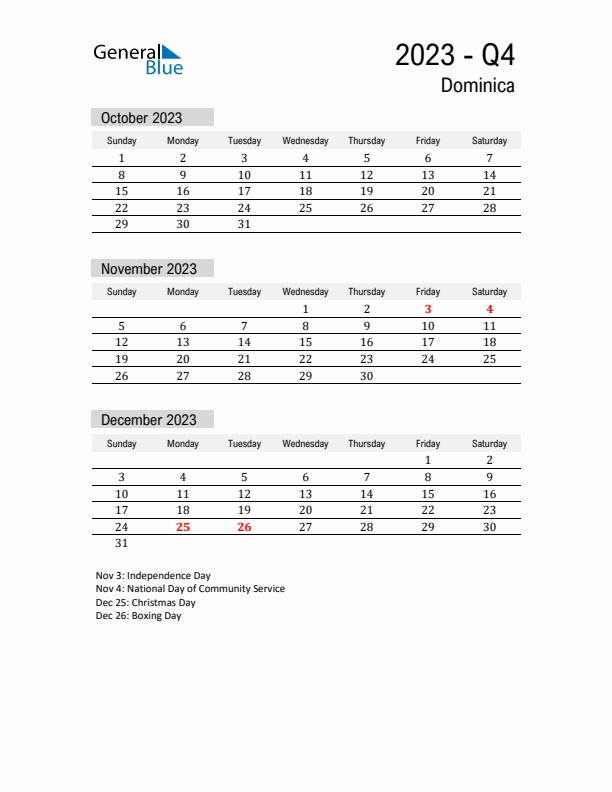 Dominica Quarter 4 2023 Calendar with Holidays