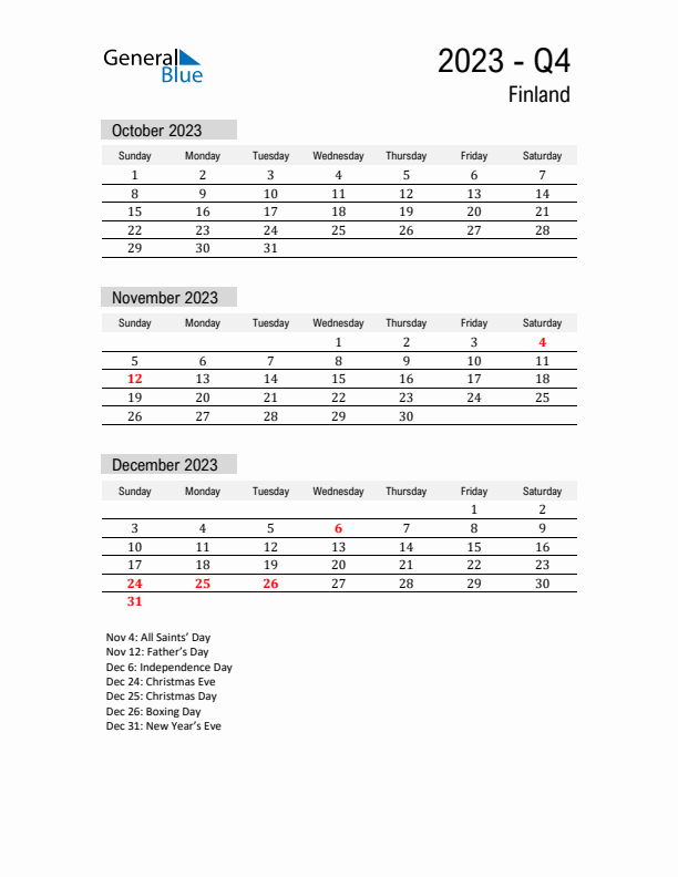 Finland Quarter 4 2023 Calendar with Holidays