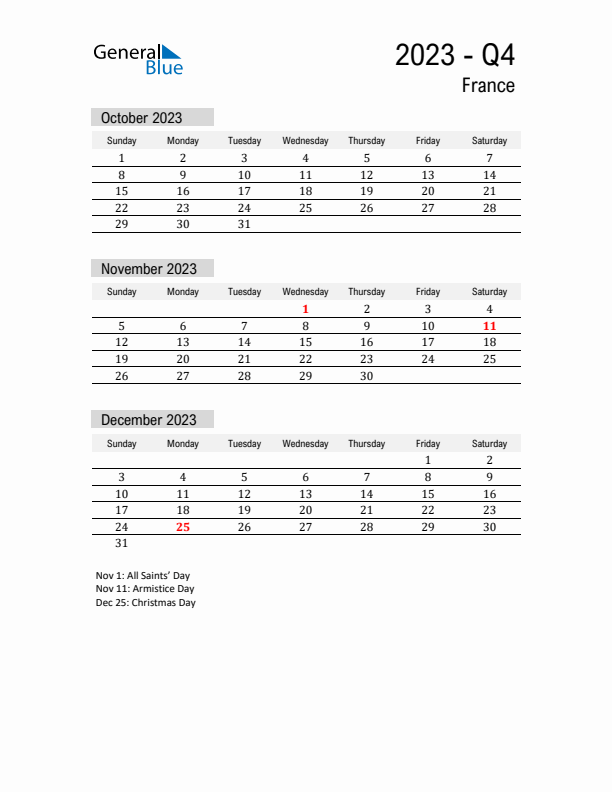 France Quarter 4 2023 Calendar with Holidays