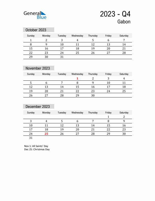 Gabon Quarter 4 2023 Calendar with Holidays