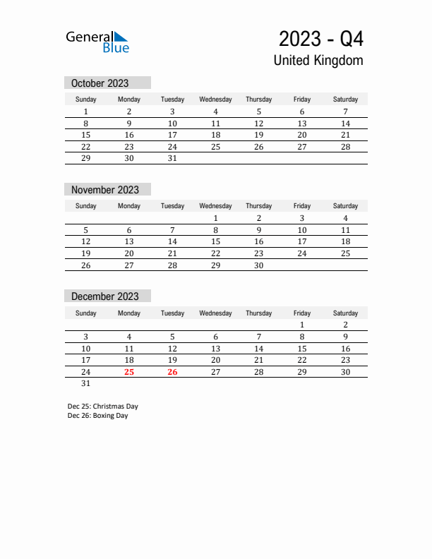 United Kingdom Quarter 4 2023 Calendar with Holidays