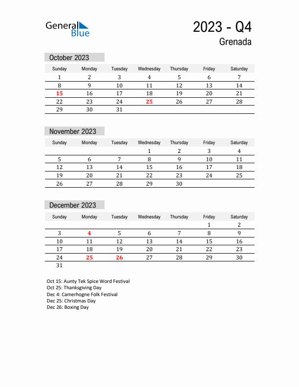 Grenada Quarter 4 2023 Calendar with Holidays