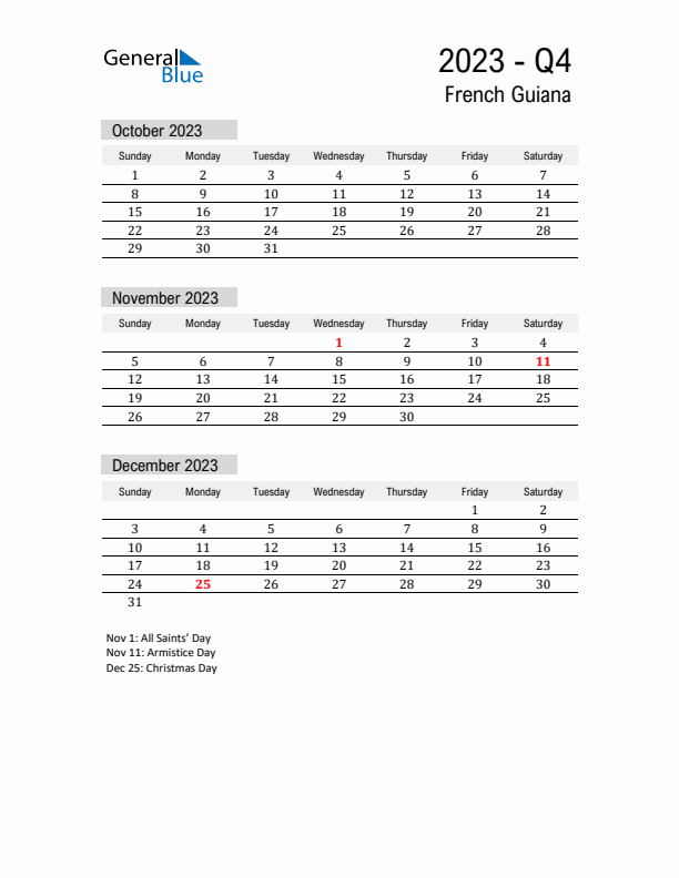 French Guiana Quarter 4 2023 Calendar with Holidays