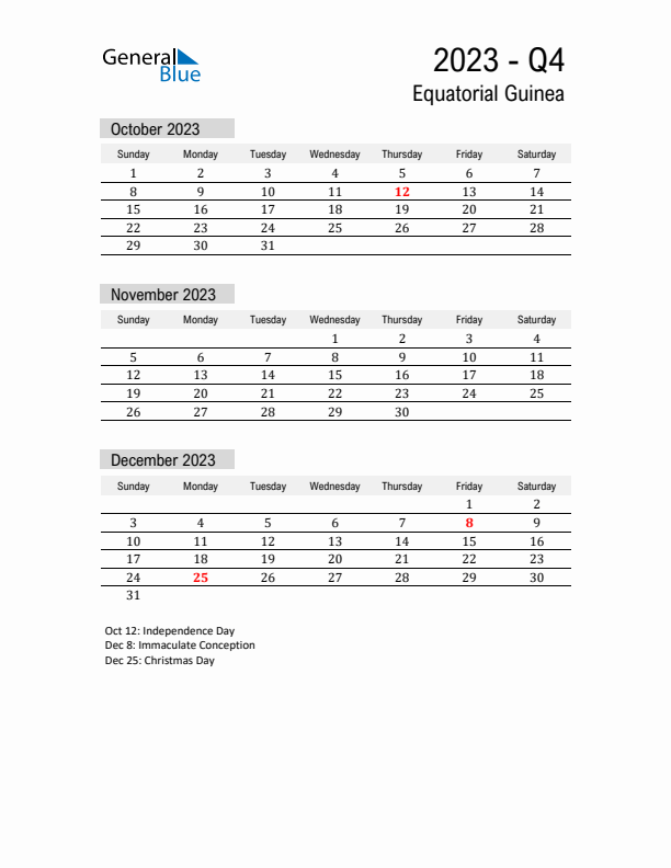 Equatorial Guinea Quarter 4 2023 Calendar with Holidays