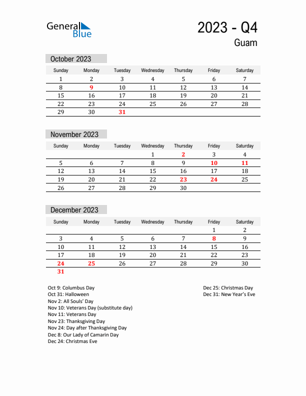 Guam Quarter 4 2023 Calendar with Holidays