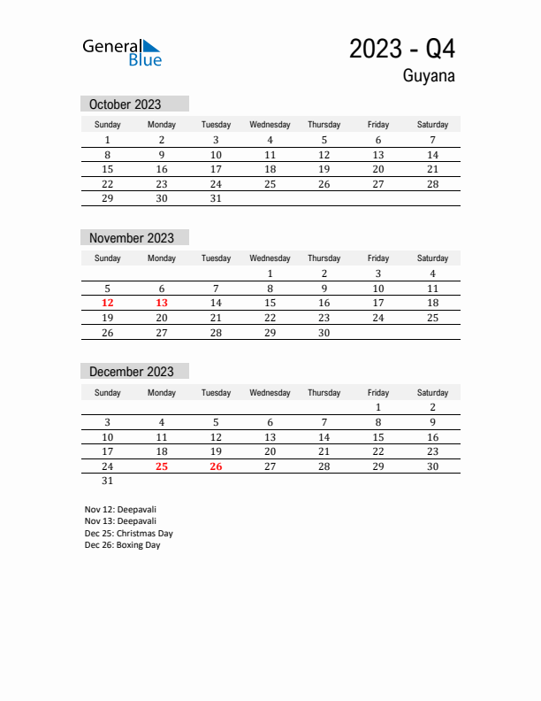 Guyana Quarter 4 2023 Calendar with Holidays