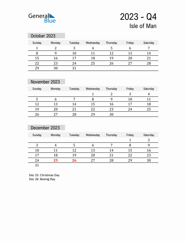 Isle of Man Quarter 4 2023 Calendar with Holidays