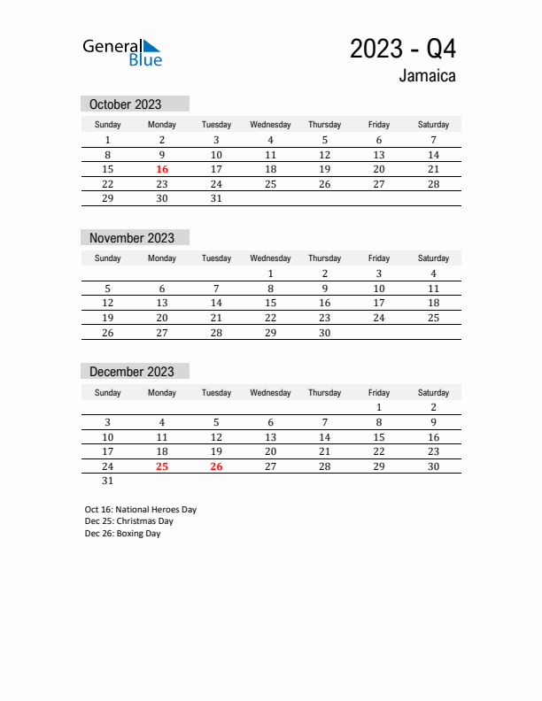 Jamaica Quarter 4 2023 Calendar with Holidays