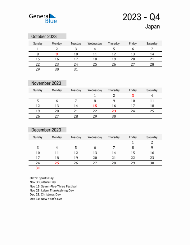 Japan Quarter 4 2023 Calendar with Holidays