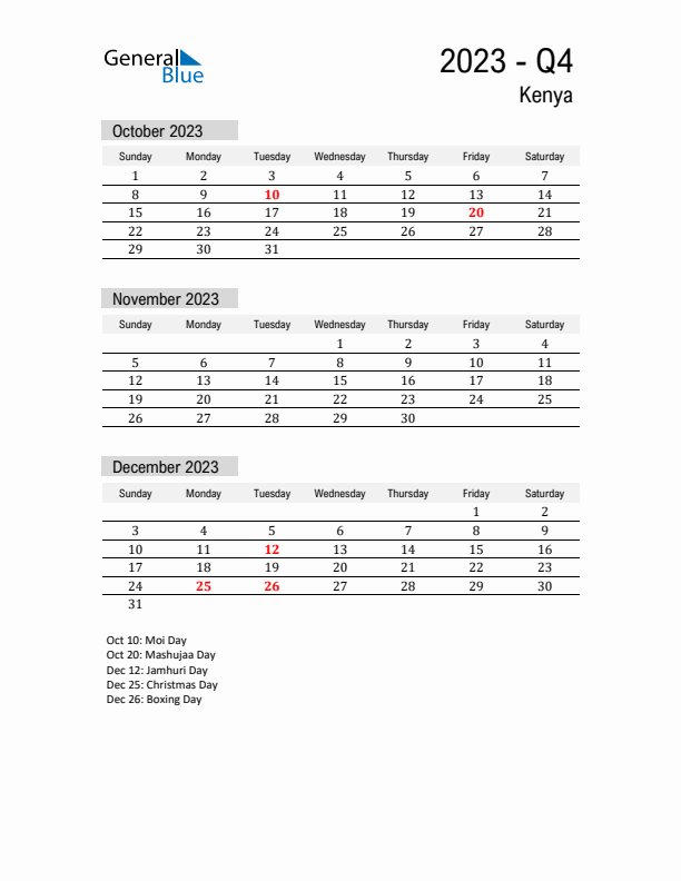 Kenya Quarter 4 2023 Calendar with Holidays