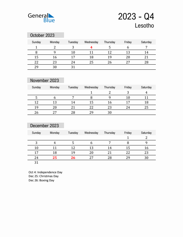 Lesotho Quarter 4 2023 Calendar with Holidays