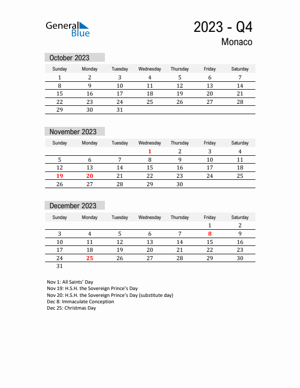 Monaco Quarter 4 2023 Calendar with Holidays