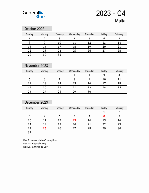 Malta Quarter 4 2023 Calendar with Holidays