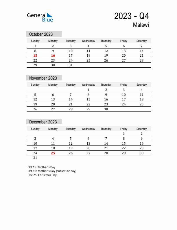 Malawi Quarter 4 2023 Calendar with Holidays