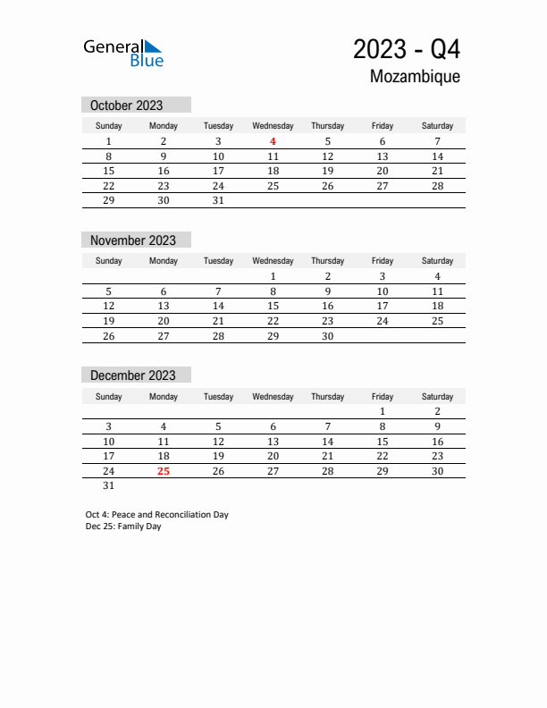 Mozambique Quarter 4 2023 Calendar with Holidays