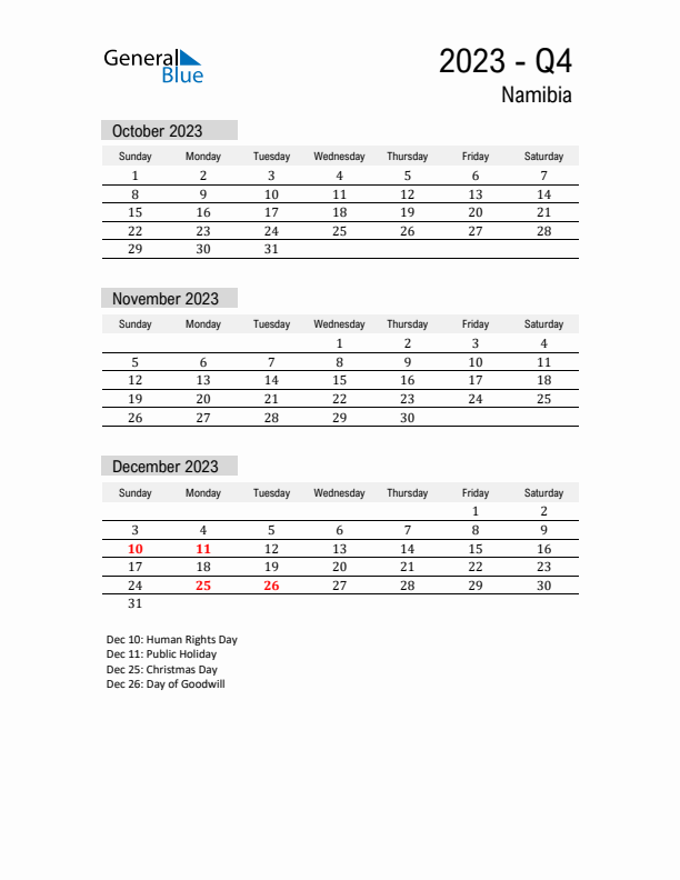 Namibia Quarter 4 2023 Calendar with Holidays