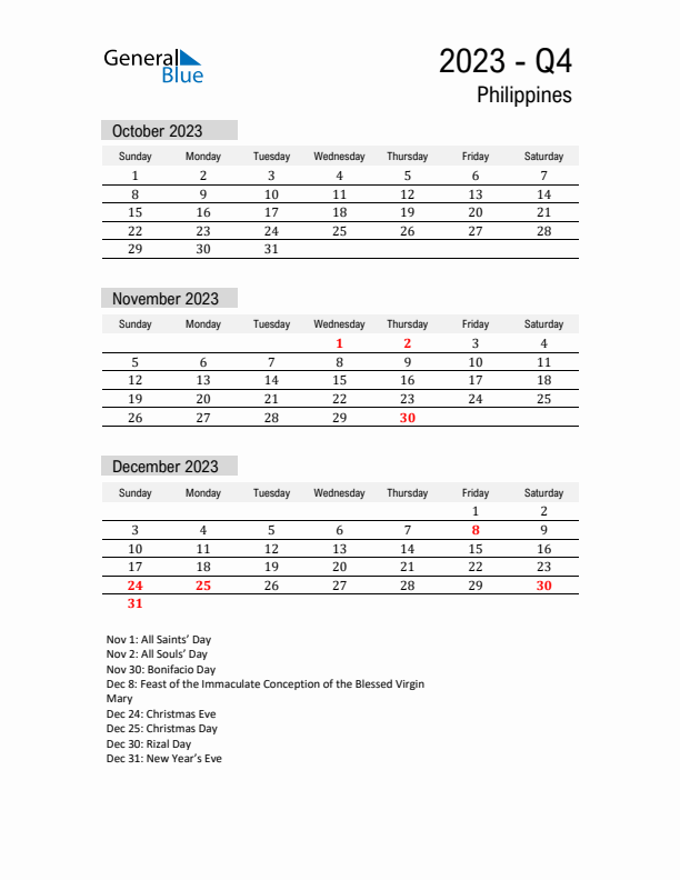 Philippines Quarter 4 2023 Calendar with Holidays