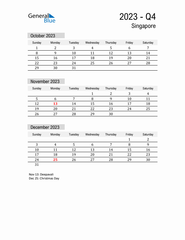 Singapore Quarter 4 2023 Calendar with Holidays