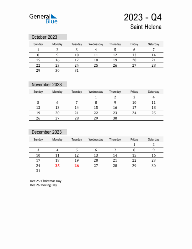 Saint Helena Quarter 4 2023 Calendar with Holidays