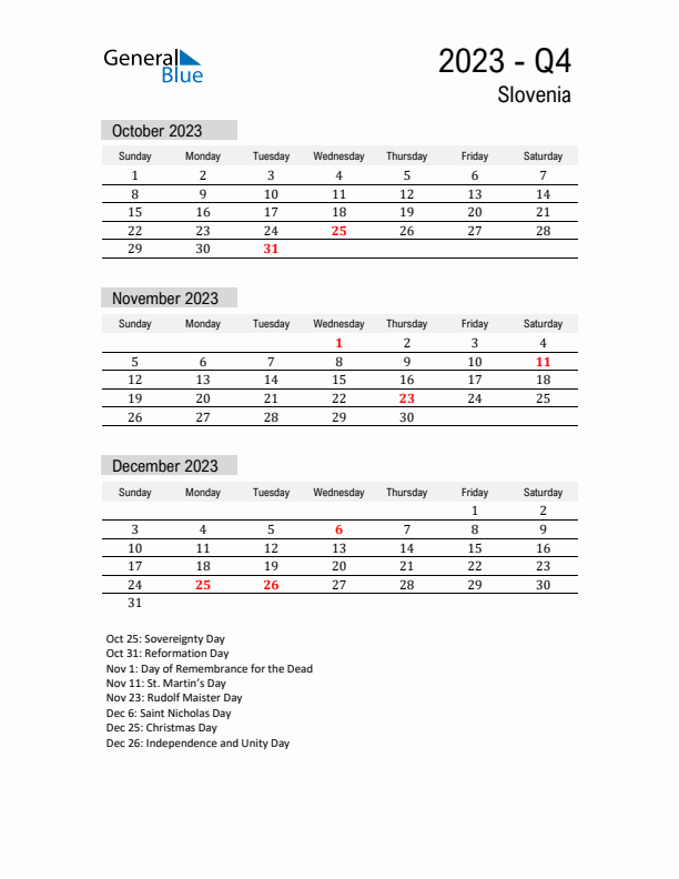 Slovenia Quarter 4 2023 Calendar with Holidays