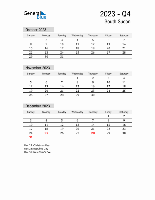 South Sudan Quarter 4 2023 Calendar with Holidays