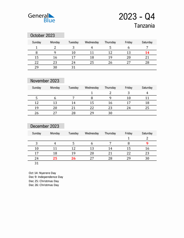 Tanzania Quarter 4 2023 Calendar with Holidays