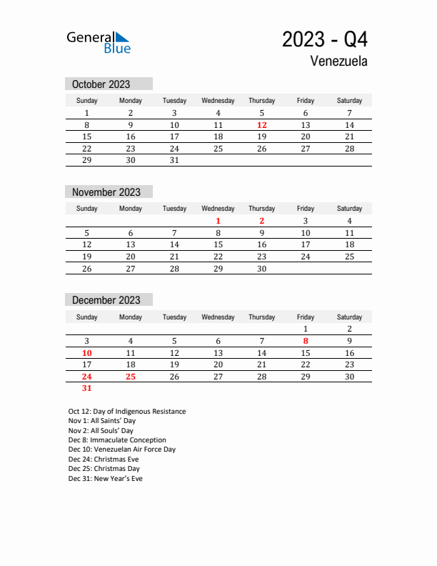 Venezuela Quarter 4 2023 Calendar with Holidays