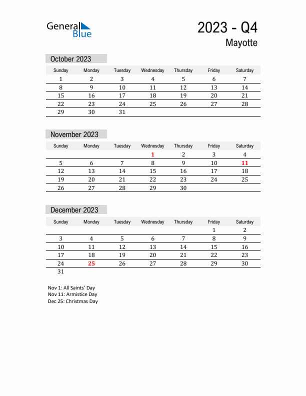 Mayotte Quarter 4 2023 Calendar with Holidays