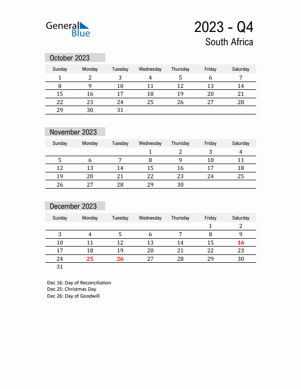 South Africa Quarter 4 2023 Calendar with Holidays