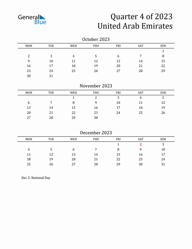 Quarter 4 2023 United Arab Emirates Quarterly Calendar