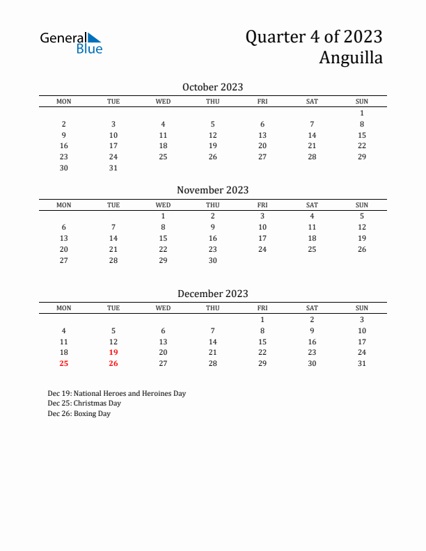 Quarter 4 2023 Anguilla Quarterly Calendar