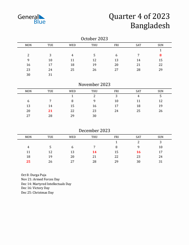 Quarter 4 2023 Bangladesh Quarterly Calendar