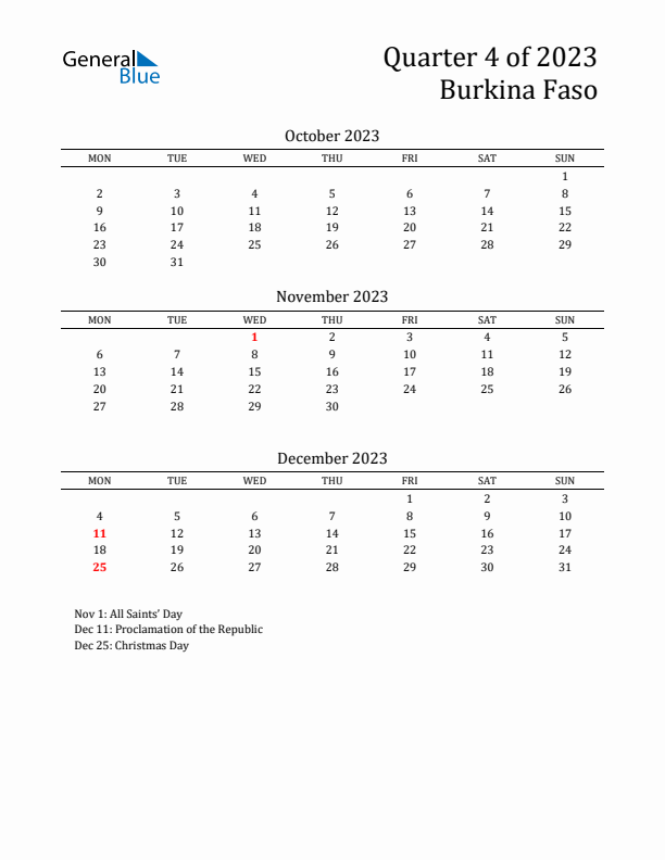 Quarter 4 2023 Burkina Faso Quarterly Calendar