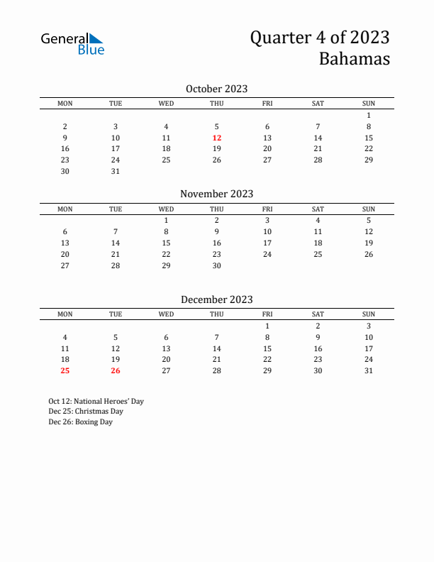 Quarter 4 2023 Bahamas Quarterly Calendar