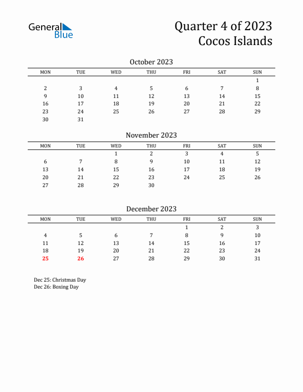 Quarter 4 2023 Cocos Islands Quarterly Calendar