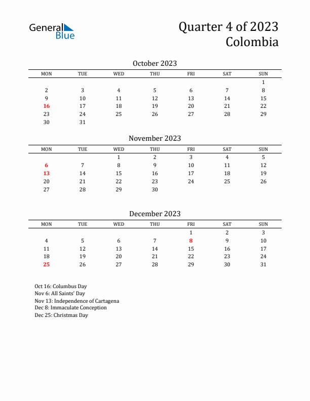 Quarter 4 2023 Colombia Quarterly Calendar