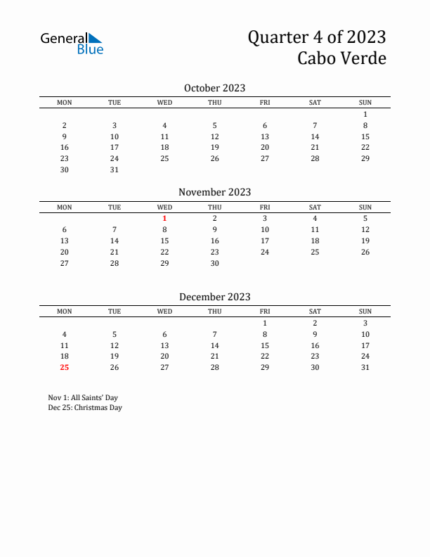 Quarter 4 2023 Cabo Verde Quarterly Calendar