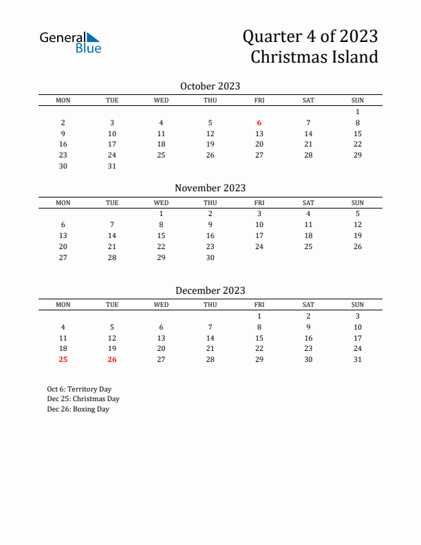 Quarter 4 2023 Christmas Island Quarterly Calendar