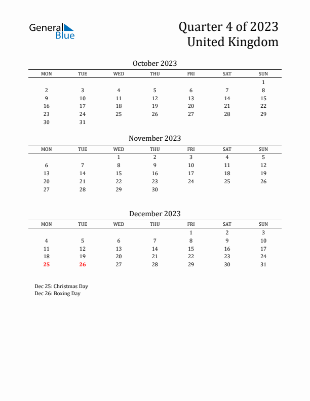 Quarter 4 2023 United Kingdom Quarterly Calendar