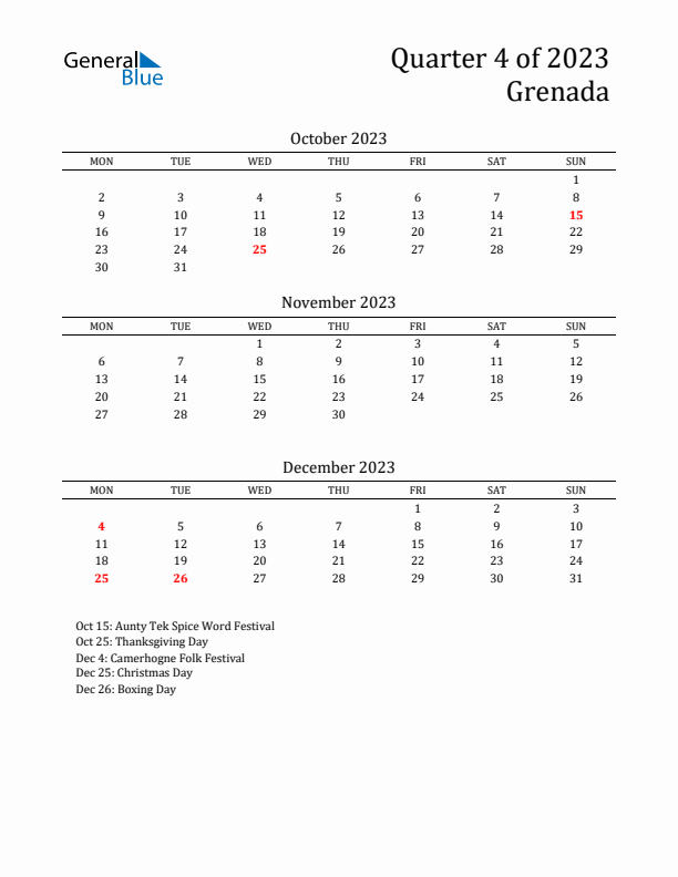 Quarter 4 2023 Grenada Quarterly Calendar