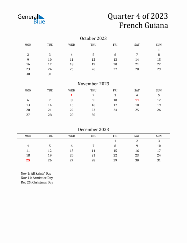 Quarter 4 2023 French Guiana Quarterly Calendar