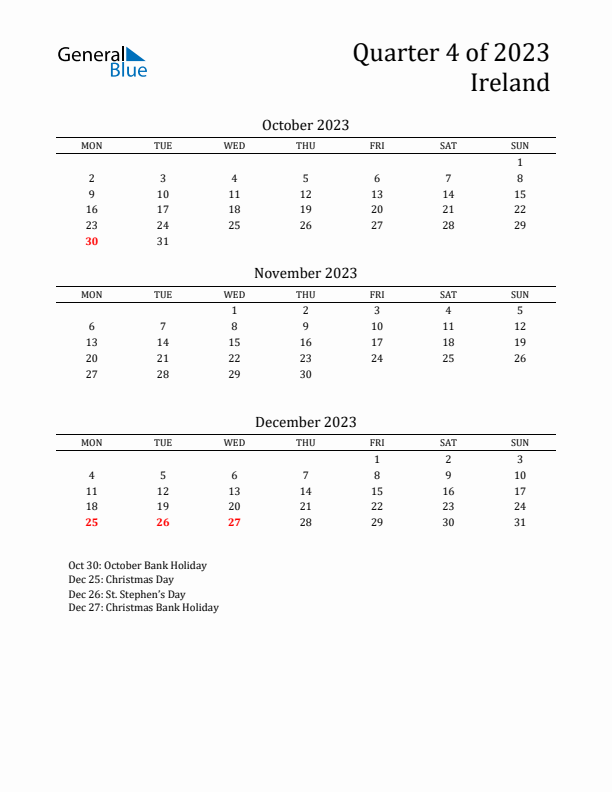 Quarter 4 2023 Ireland Quarterly Calendar