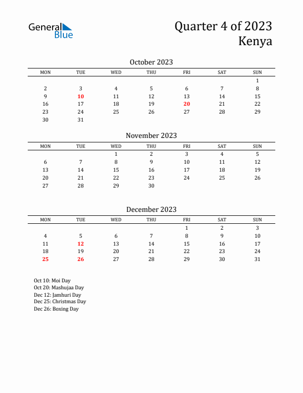 Quarter 4 2023 Kenya Quarterly Calendar