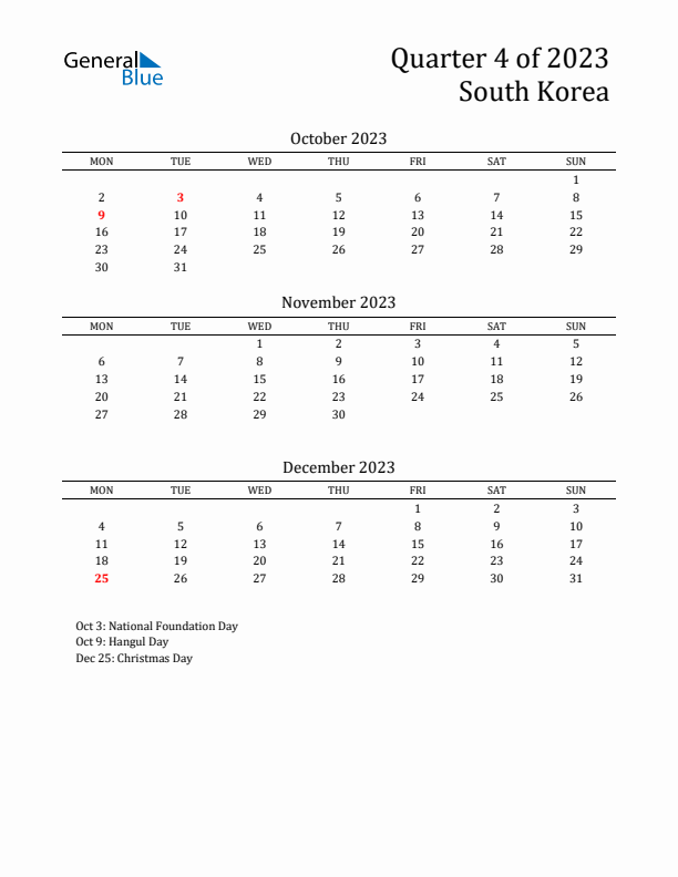 Quarter 4 2023 South Korea Quarterly Calendar