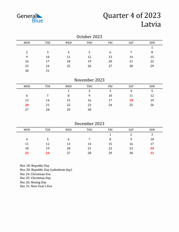 Quarter 4 2023 Latvia Quarterly Calendar