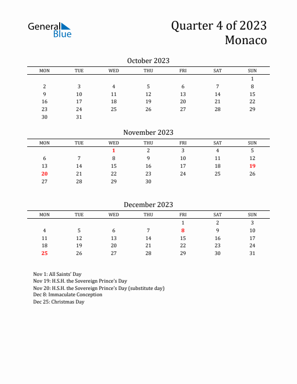 Quarter 4 2023 Monaco Quarterly Calendar