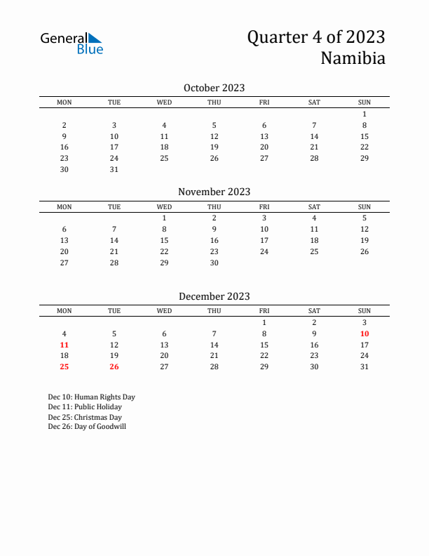 Quarter 4 2023 Namibia Quarterly Calendar