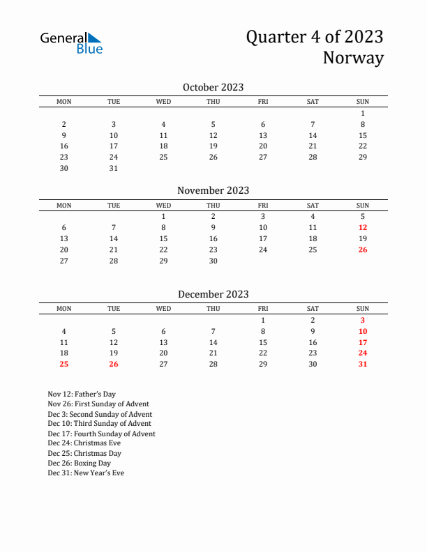 Quarter 4 2023 Norway Quarterly Calendar