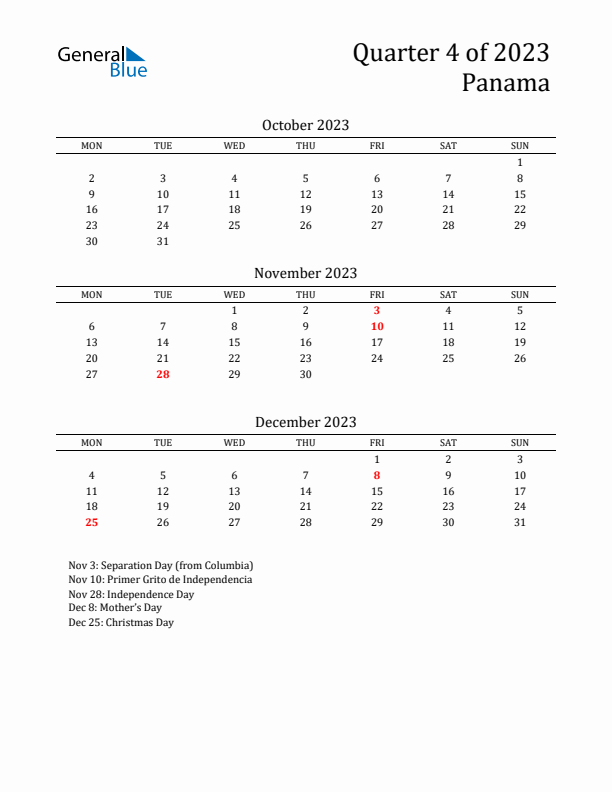 Quarter 4 2023 Panama Quarterly Calendar